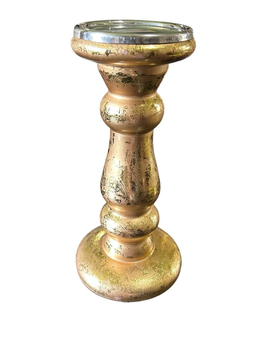 Glass Candle Pillar Metallic Gold Textured Look 9.5 Inch New